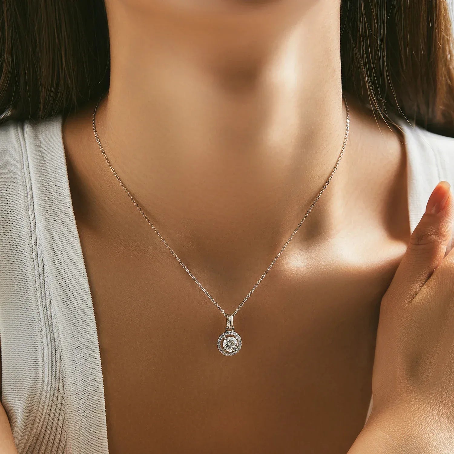 Moissanite Halo Necklace - Cleora